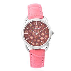 Strada Wrist Watch, murano style glass, floral. Pink & Silver